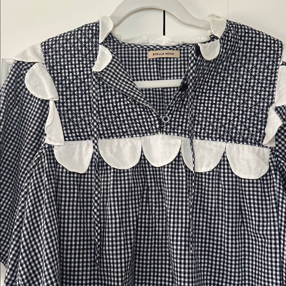 Stella Nova Scalloped Trim Quilted Navy & White Gingham Top - Picture 3 of 5